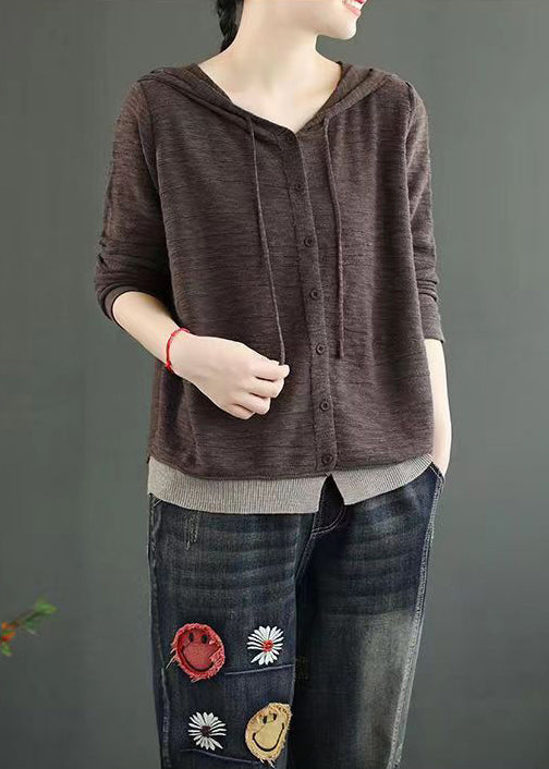 Women Coffee Hooded Button Patchwork Knitting Cotton Top Fall