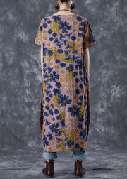 Women Coffee O-Neck Floral Print Linen Long Dress Summer