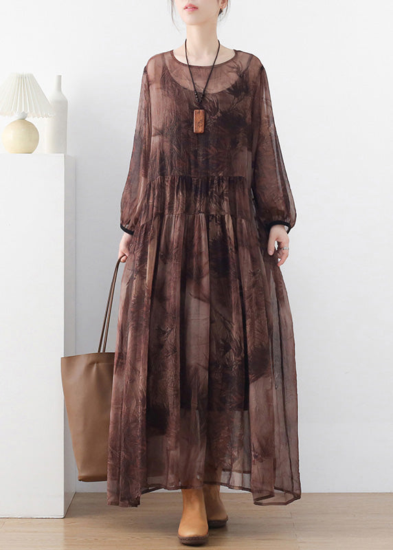 Frauen Kaffee O-Neck Print Chiffon langes Kleid und Spaghetti-Trägerkleid zweiteiliges Set mit langen Ärmeln