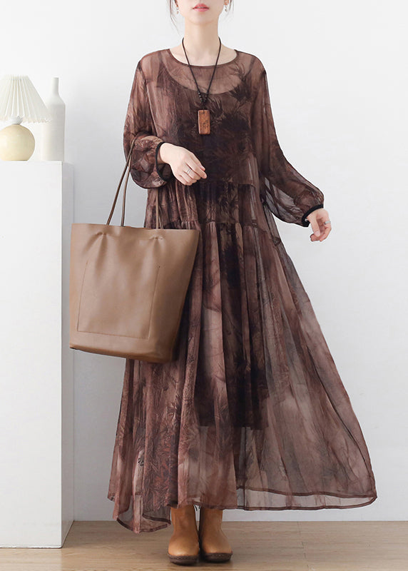 Women Chocolate O-Neck Print Chiffon Long Dress And Spaghetti Strap Dress Two Pieces Set Long Sleeve