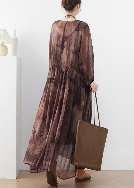 Women Chocolate O-Neck Print Chiffon Long Dress And Spaghetti Strap Dress Two Pieces Set Long Sleeve