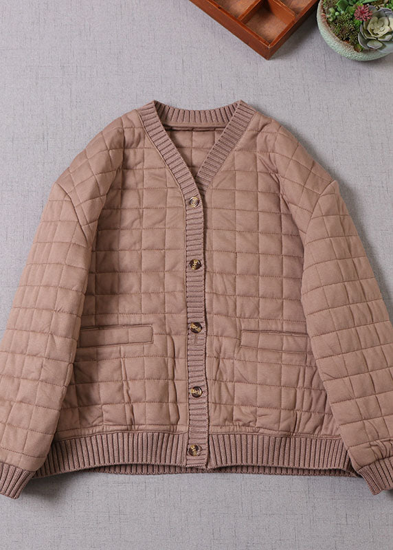 Frauen Kaffee Patchwork Feine Baumwolle gefüllte Jacke im Winter V-Ausschnitt