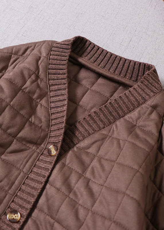 Frauen Kaffee Patchwork Feine Baumwolle gefüllte Jacke im Winter V-Ausschnitt