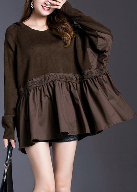 Women Chocolate Patchwork Loose Knit Pullover Spring