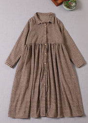 Women Chocolate Plaid Peter Pan Collar Cotton Dress Winter