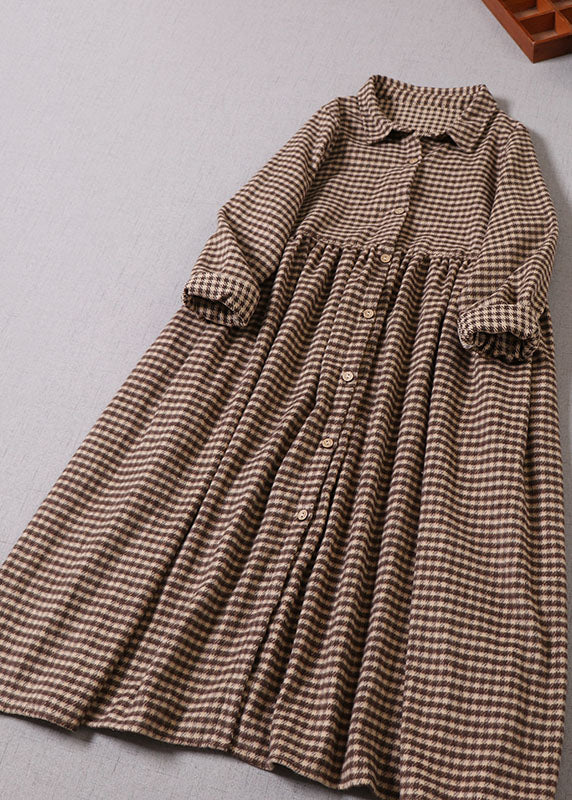 Women Chocolate Plaid Peter Pan Collar Cotton Dress Winter