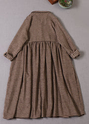 Women Chocolate Plaid Peter Pan Collar Cotton Dress Winter