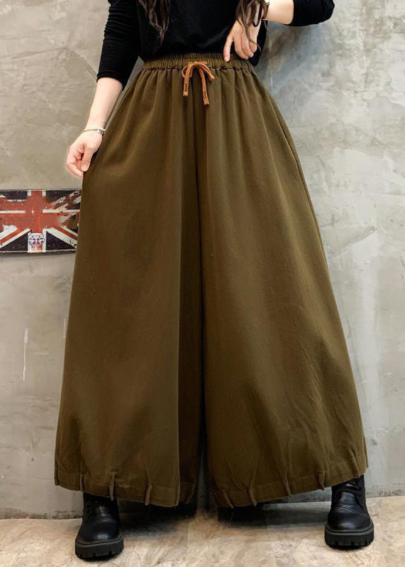 Women Coffee Pockets Elastic Waist Cotton Crop Pants Spring