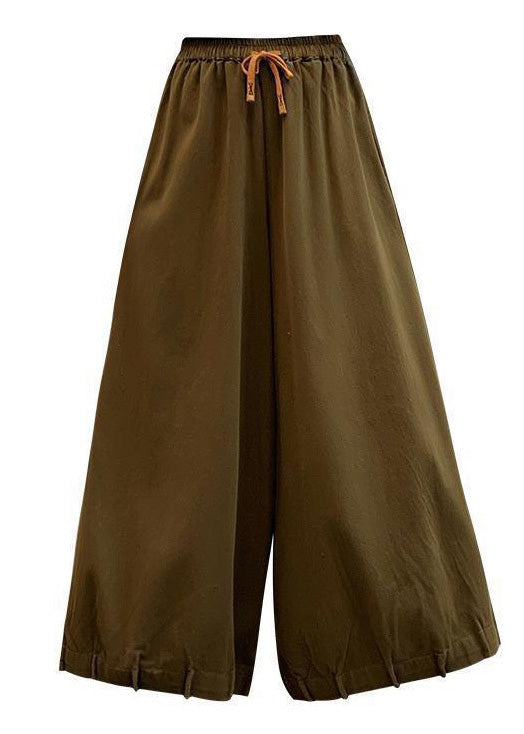 Women Coffee Pockets Elastic Waist Cotton Crop Pants Spring