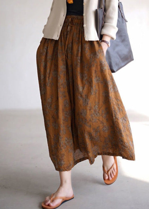 Women Coffee Print Pockets Elastic Waist Cotton Skirts Spring