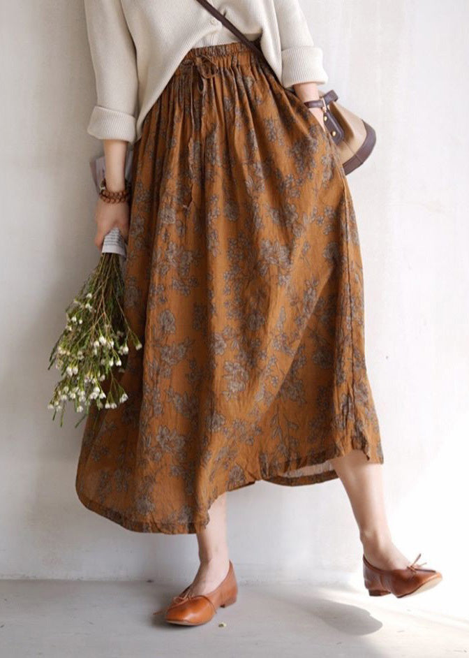 Women Coffee Print Pockets Elastic Waist Cotton Skirts Spring