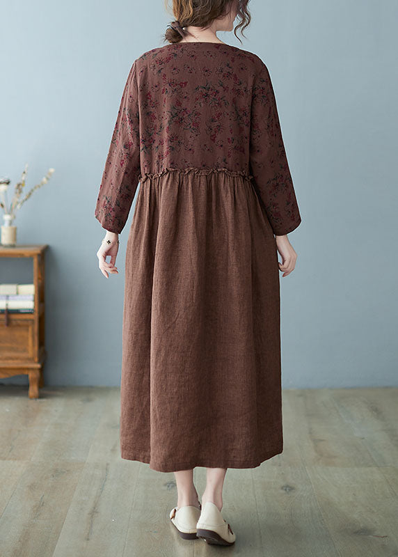 Women Coffee Ruffled Tie Waist Oriental Linen Dresses Spring