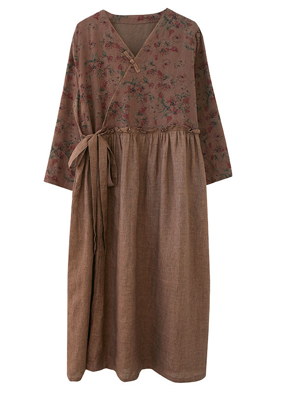 Women Coffee Ruffled Tie Waist Oriental Linen Dresses Spring