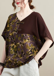 Women Chocolate V Neck Patchwork Print Oriental Button Cotton Tops Short Sleeve