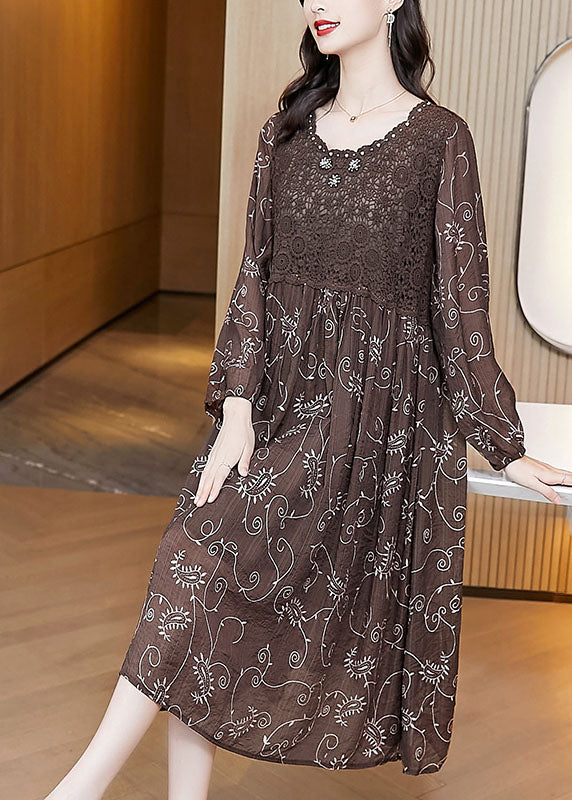 Women Chocolate Wrinkled Lace Patchwork Chiffon Loose Dresses Long Sleeve