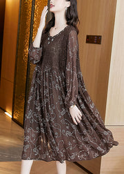 Women Chocolate Wrinkled Lace Patchwork Chiffon Loose Dresses Long Sleeve