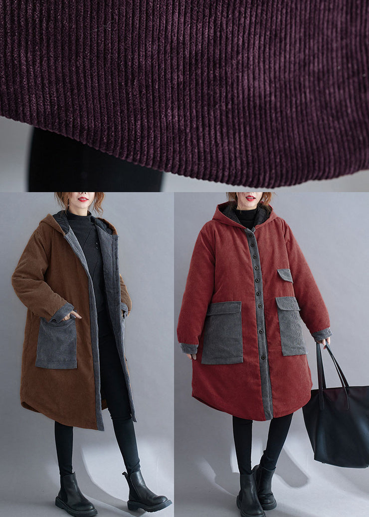 Women Chocolate hooded Pockets Winter Jackets Cotton Thick Coats