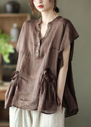 Women Chocolate retro Loose Pockets Fall Shirt Tops Short Sleeve