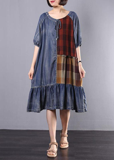 Women Cotton Tunics Indian Vintage Plaid Spliced Denim A-Line Dress - bagstylebliss