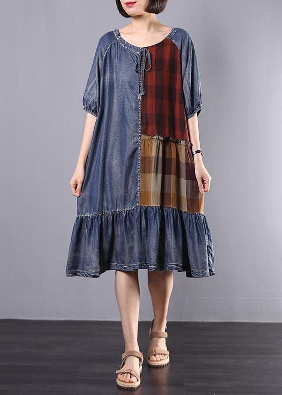 Women Cotton Tunics Indian Vintage Plaid Spliced Denim A-Line Dress - bagstylebliss
