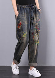 Women Cotton Vintage Embroidered Elastic Waist Casual Jeans - bagstylebliss