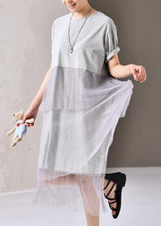 Women Cotton outfit Fashion Cotton Round Neck Short Sleeve Lace Dress - bagstylebliss