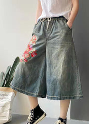 Women Dark Blue Drawstring Embroideried Pockets Cotton Wide Leg Pants Trousers Summer