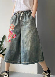 Women Dark Blue Drawstring Embroideried Pockets Cotton Wide Leg Pants Trousers Summer