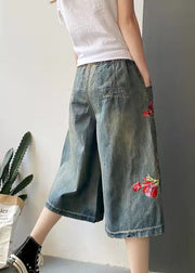 Women Dark Blue Drawstring Embroideried Pockets Cotton Wide Leg Pants Trousers Summer