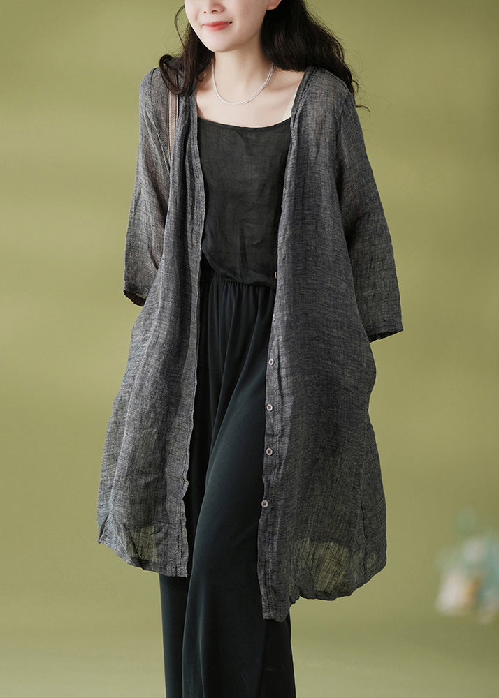 Women Dark Gray V Neck Button Patchwork Cotton Cardigans Fall