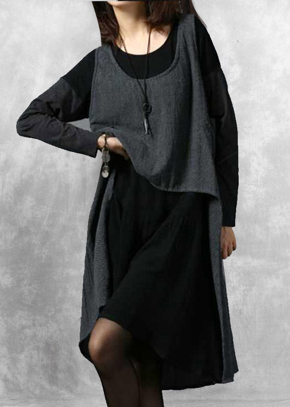 Women Dark Grey O-Neck Asymmetrical Button Linen Waistcoat Sleeveless