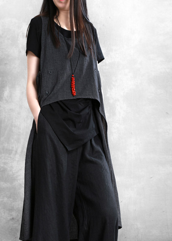 Women Dark Grey O-Neck Asymmetrical Button Linen Waistcoat Sleeveless