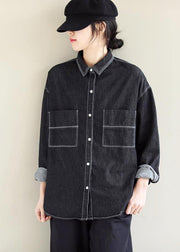 Women Denim Black Top Silhouette Lapel Pockets Vestidos De Lino Spring Shirts - bagstylebliss