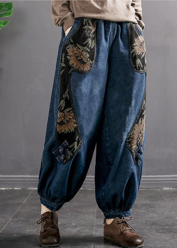 Women Denim Blue Elastic Waist Embroideried Pockets Cotton Harem Pants Spring