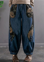 Women Denim Blue Elastic Waist Embroideried Pockets Cotton Harem Pants Spring