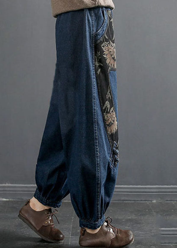 Women Denim Blue Elastic Waist Embroideried Pockets Cotton Harem Pants Spring