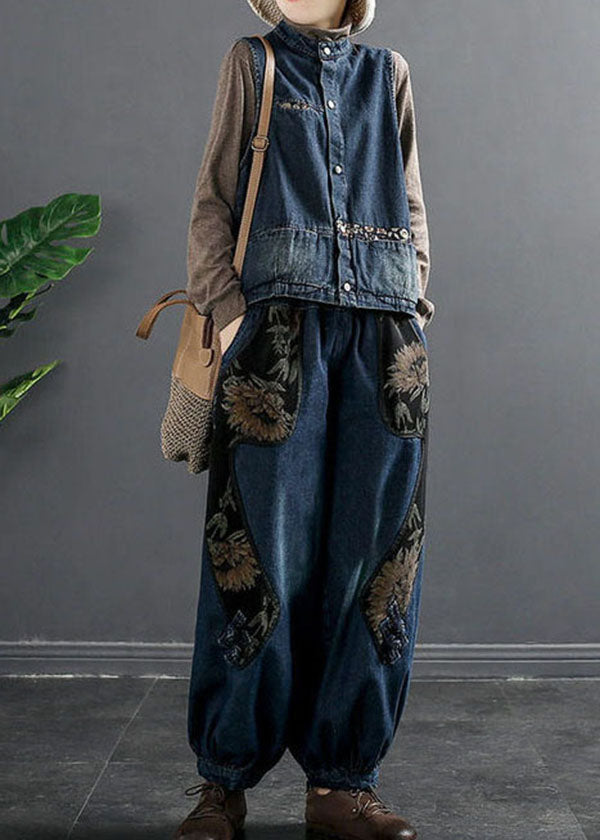 Women Denim Blue Elastic Waist Embroideried Pockets Cotton Harem Pants Spring