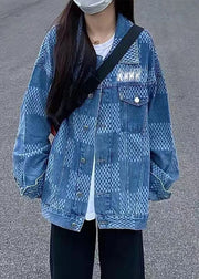 Women Denim Blue Peter Pan Collar Pockets Plaid Print Coat Long Sleeve