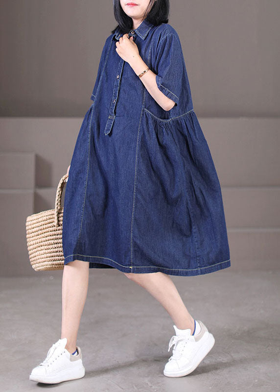 Women Denim Blue Peter Pan Collar Wrinkled Pockets Cotton Robe Dresses Short Sleeve