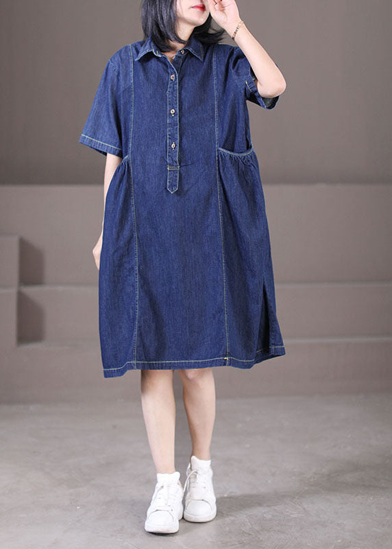 Women Denim Blue Peter Pan Collar Wrinkled Pockets Cotton Robe Dresses Short Sleeve