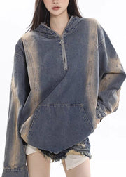 Women Denim Blue Zippered Patchwork Hoodie Coat Fall