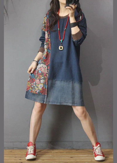 Women Denim Patchwork Cotton Dress Print Summer Long Dress - bagstylebliss