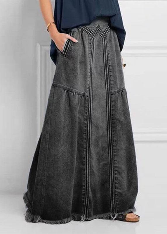 Women Distressed Solid Color Elastic Waist Loose Denim Skirt With Pocket - bagstylebliss