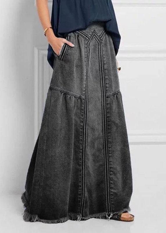 Women Distressed Solid Color Elastic Waist Loose Denim Skirt With Pocket - bagstylebliss