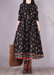 Women Drawstring Spring Tunics Black Print Art Dresses - bagstylebliss