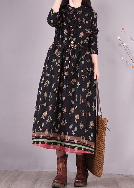 Women Drawstring Spring Tunics Black Print Art Dresses - bagstylebliss