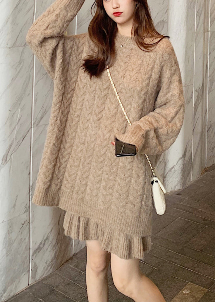 Women Dull Purple Thick Cable Knit Sweater And Skirt Two Pieces Set Spring