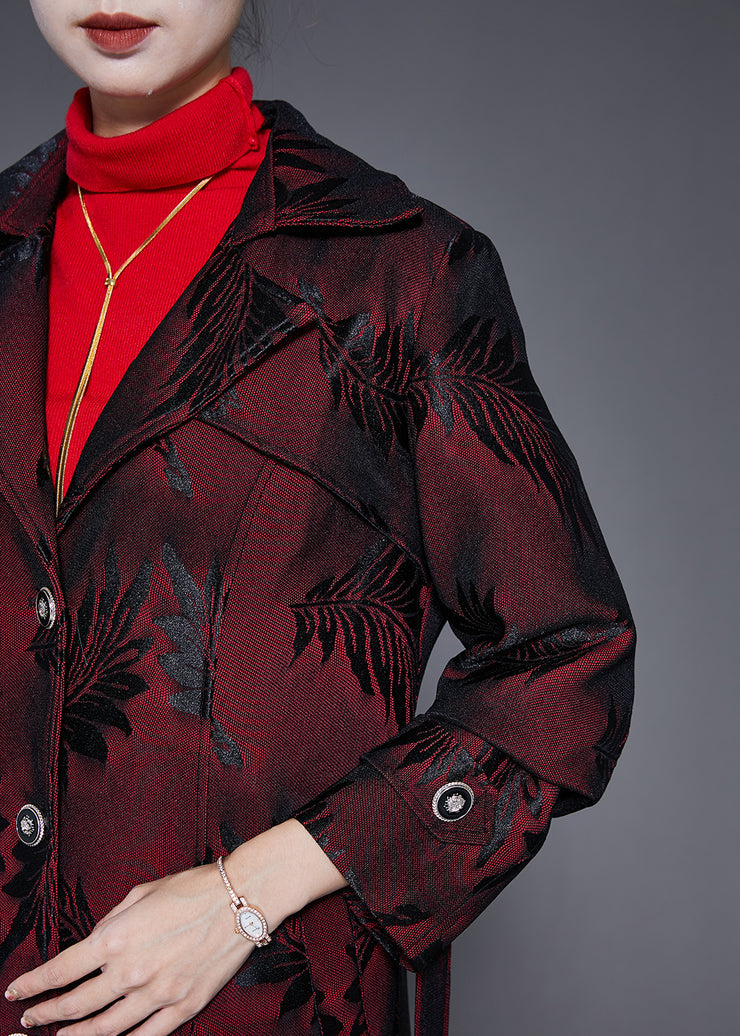 Women Dull Red Lapel Jacquard Trench Coat Fall