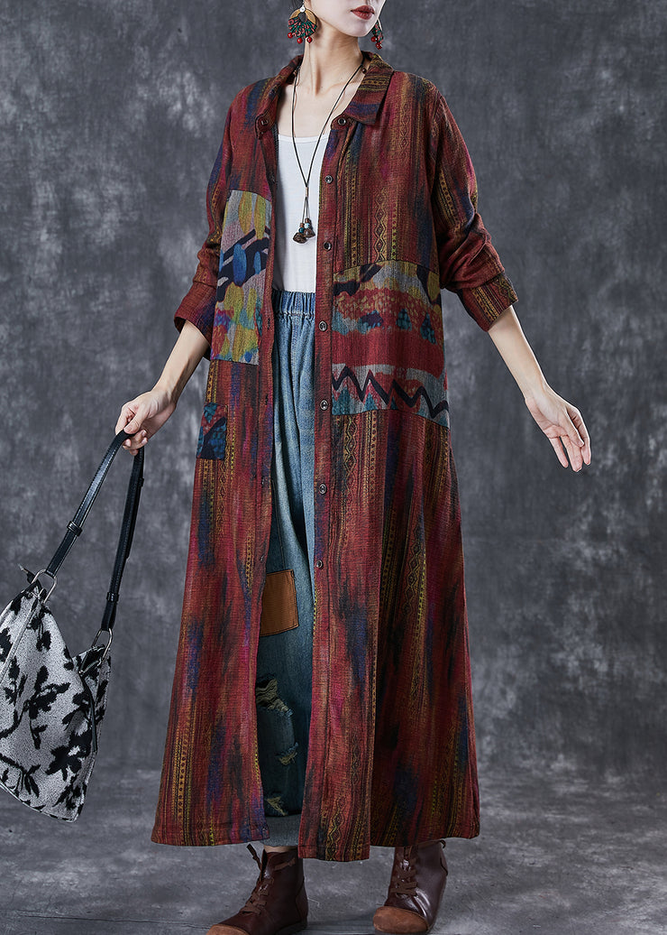 Women Dull Red Oversized Print Linen Trench Spring