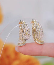 Women Gold Copper Overgild Zircon Leaves Hoop Earrings